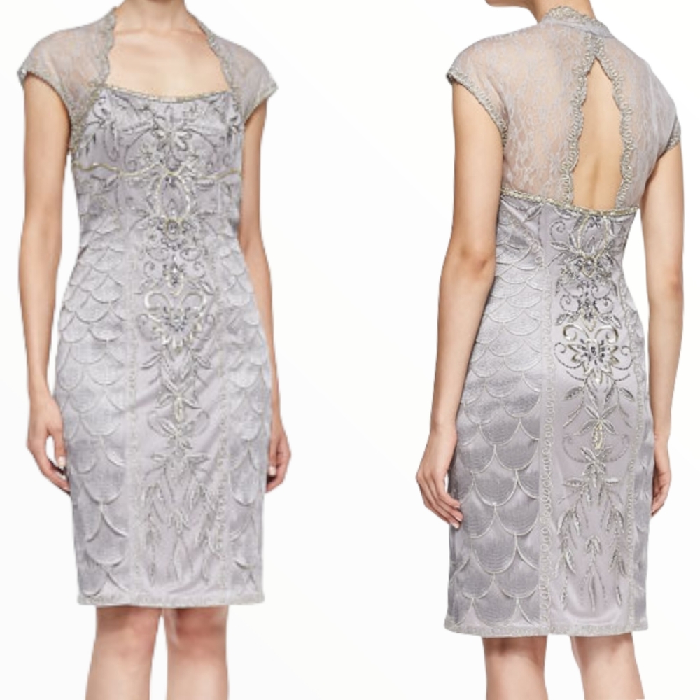 NWT Sue Wong Silver Art Deco Beaded Midi Dress Gat